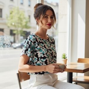 Liz Claiborne Floral Print Short Sleeve Top Size L